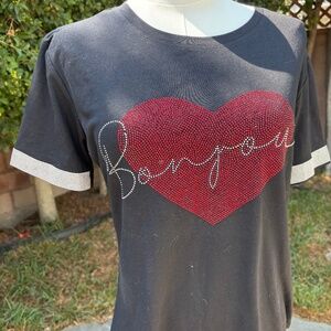 Bonjour S Black Heart Rhinestone Tee Small